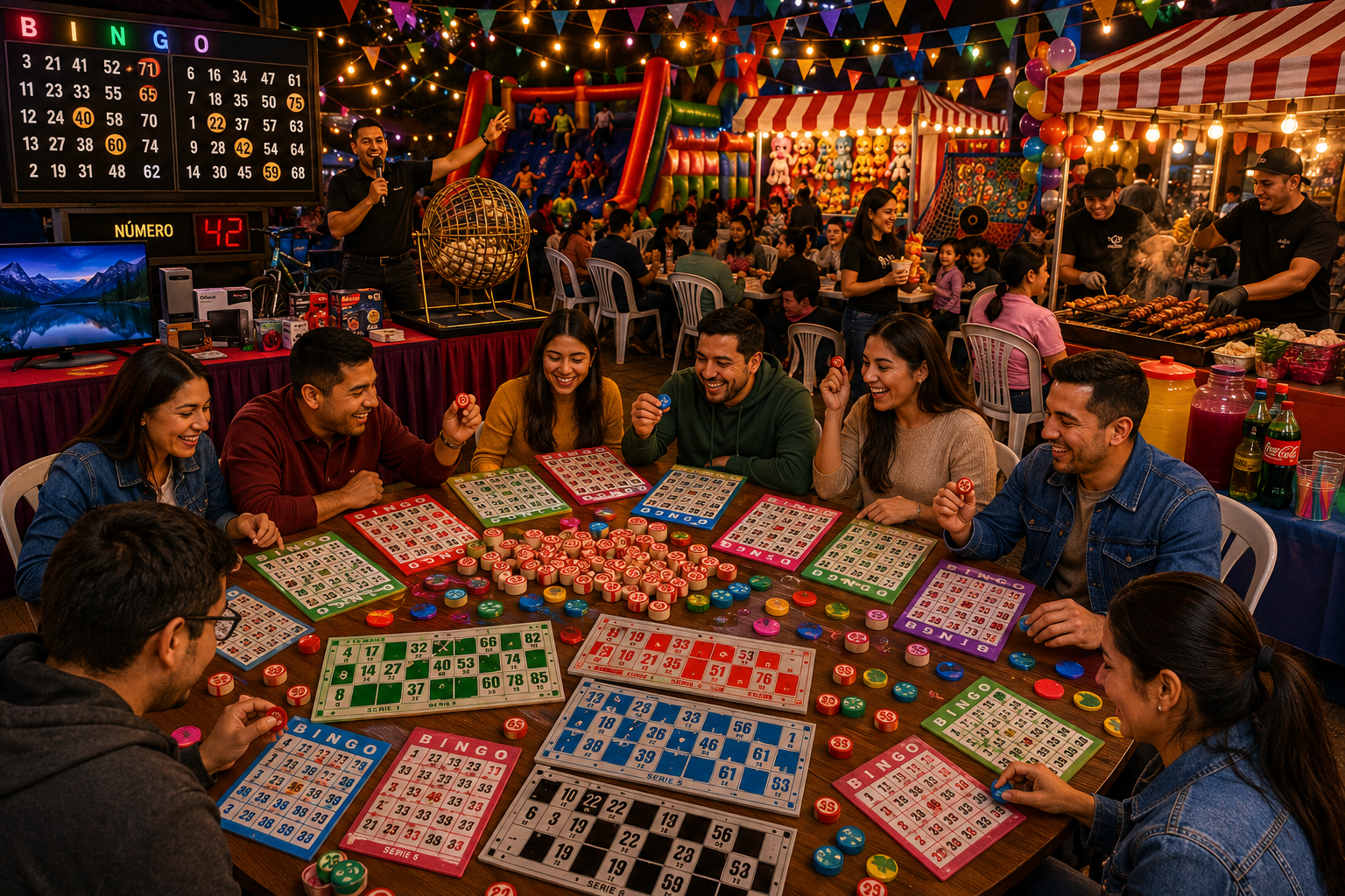 Bingo con cartones y bolas coloridas