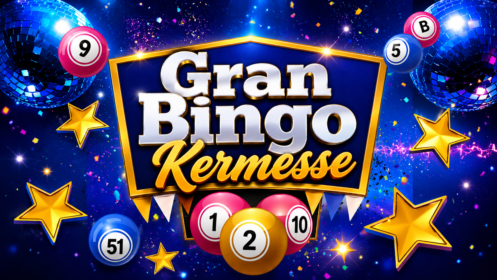 Gran Bingo Kermesse con bolas de bingo y luces